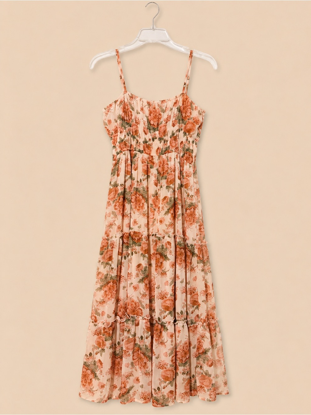Floral Tiered Spaghetti-Strap Maxi Dress - Peach Floral